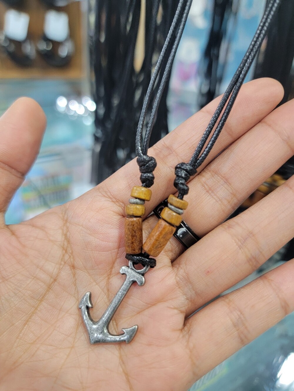 Anchor Pendant Necklace with Brown Wooden Beads